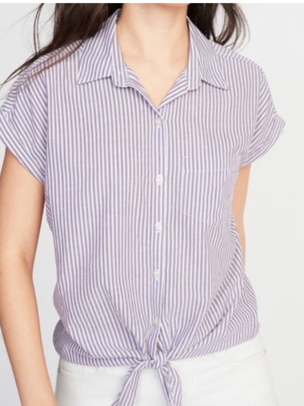 Old Navy Lavender & White Striped Button-Front Tie Blouse